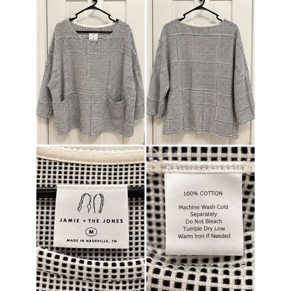Jamie + The Jones M Cotton Open Weave Oversized Top Black White Made USA